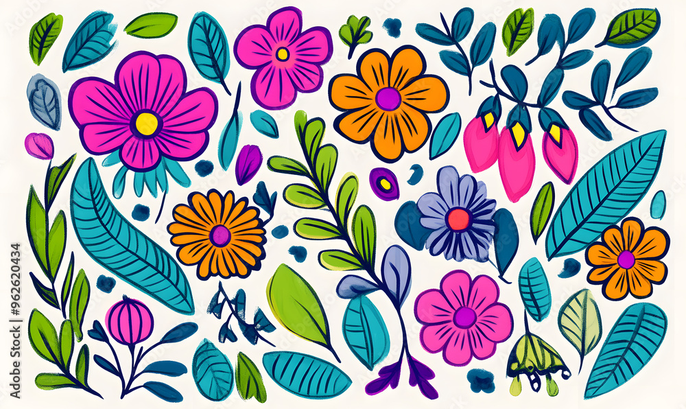 2D illustrator doodle-style floral and leaf graphics on a white background or wallpaper 2D illustrator doodle-style floral and leaf graphics on a white background or wallpaper