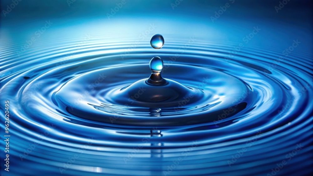 Water drop with droplet and rings on surface against bluish background, water, drop, droplet, rings, surface, blue, background Water drop with droplet and rings on surface against bluish background, water, drop, droplet, rings, surface, blue, background