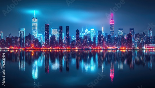 Vibrant New York City skyline at night, reflected in the calm water