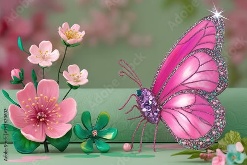 Colorful Floral Designs with Vibrant Butterfly in Green and Pink Themes