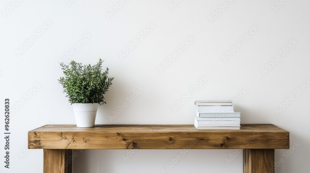 White wall with a sleek wooden console table below, accessorized with a small plant and a stack of books. - White wall with a sleek wooden console table below, accessorized with a small plant and a stack of books. -