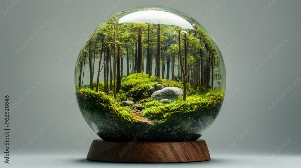 Sculpture of a miniature forest inside a glass sphere with a wooden base. The forest landscape is contained within the globe, with green moss on top and rocks. This is a fantasy artwork in the style Sculpture of a miniature forest inside a glass sphere with a wooden base. The forest landscape is contained within the globe, with green moss on top and rocks. This is a fantasy artwork in the style