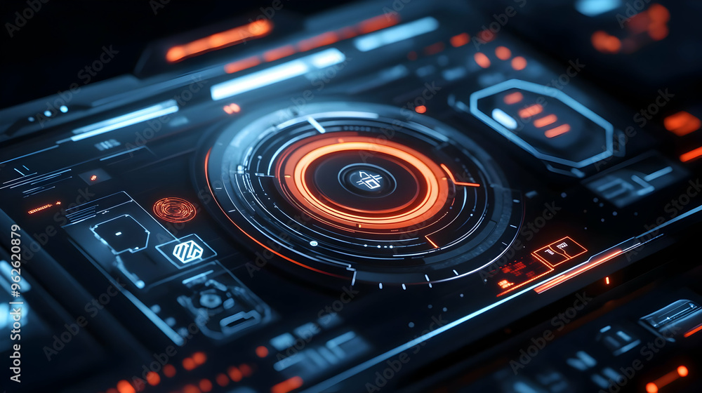Futuristic Interface 3D Illustration with Blue and Orange Glowing Lights Futuristic Interface 3D Illustration with Blue and Orange Glowing Lights