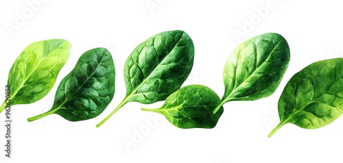 Spinach leaves clipart, leafy vegetable element, watercolor illustration, sharp lines, vibrant green, isolated on white background