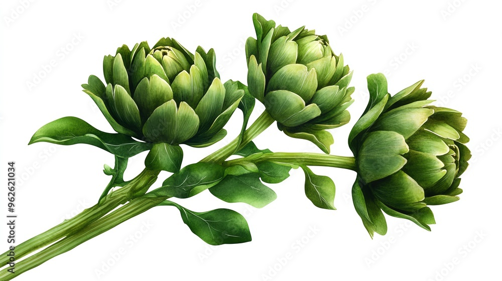 Fototapeta premium Artichoke clipart, vegetable element, watercolor illustration, defined edges, green, isolated on white background