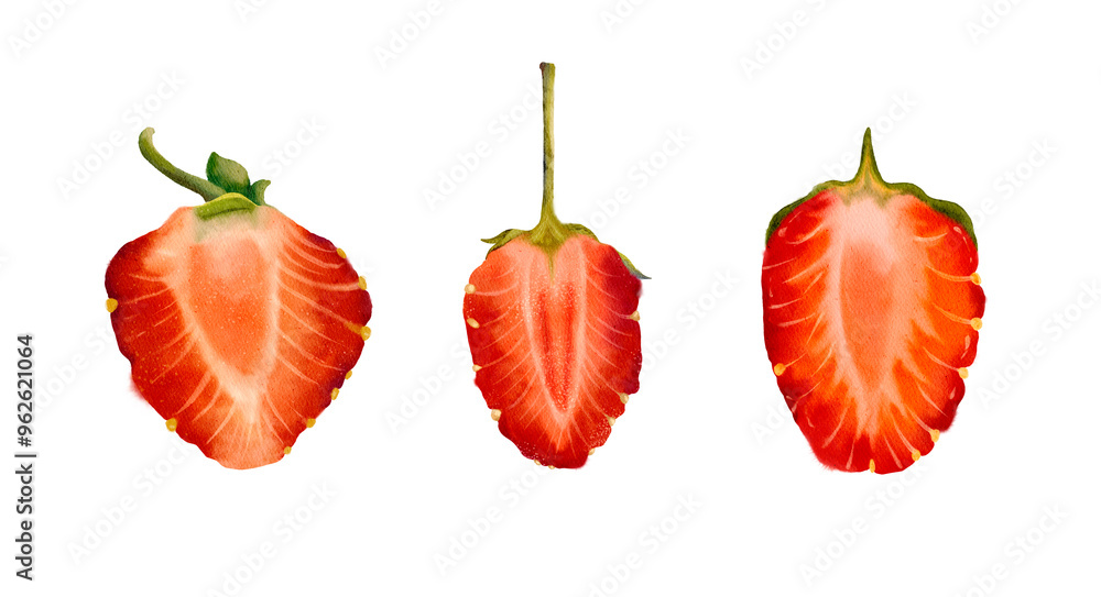 A closeup view of halved strawberries, showcasing their freshness, juiciness, and ripeness A closeup view of halved strawberries, showcasing their freshness, juiciness, and ripeness