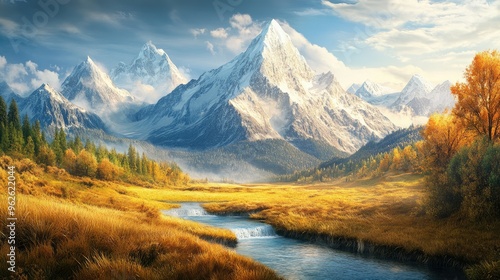 Golden meadow with tall snow-capped mountains in the distance, river flowing through it and trees growing on either side of the banks is very beautiful