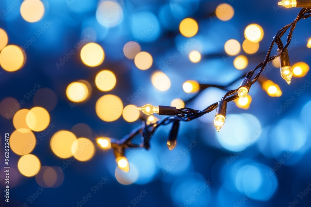 Christmas garland golden and blue colors. Glowing string lights with golden hues hang against a soft bokeh background, Christmas garland golden and blue colors. Glowing string lights with golden hues hang against a soft bokeh background,
