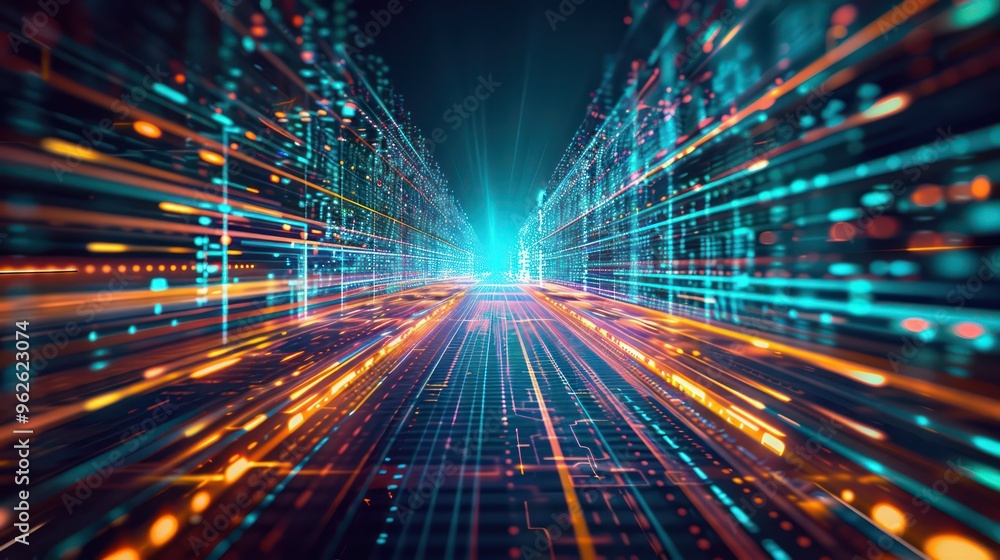 A futuristic digital landscape with vibrant lines and light, conveying speed and technology. A futuristic digital landscape with vibrant lines and light, conveying speed and technology.