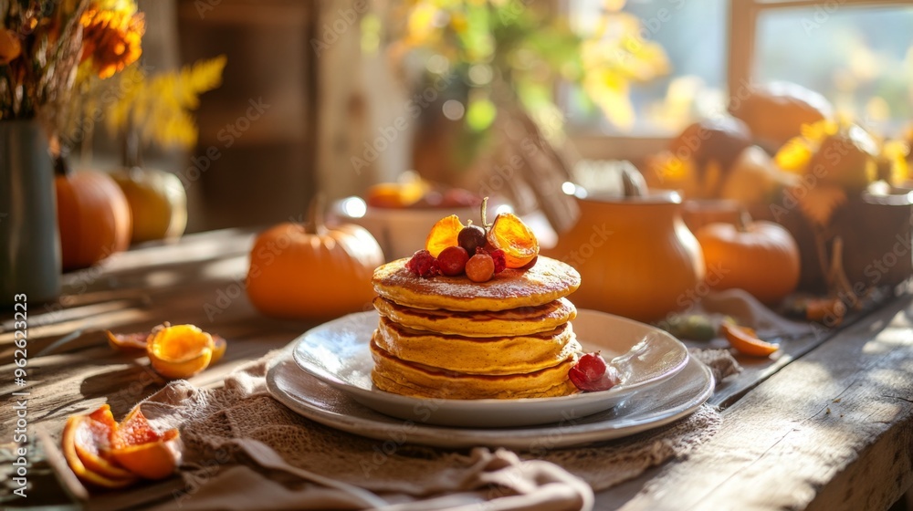Pumpkin Pancakes with Berries and Orange Slices on Rustic Table Pumpkin Pancakes with Berries and Orange Slices on Rustic Table