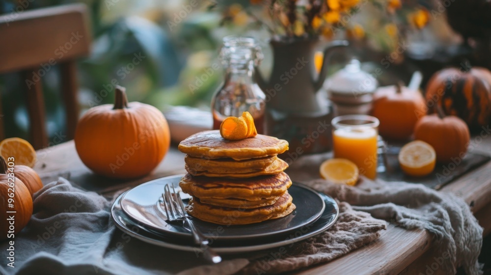 Stack of Pumpkin Pancakes with Orange Garnish Stack of Pumpkin Pancakes with Orange Garnish