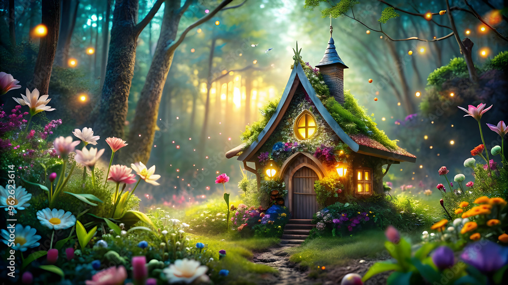 A magical fairy house nestled in a mystical forest, with vibrant flowers and sparkling streams. A magical fairy house nestled in a mystical forest, with vibrant flowers and sparkling streams.