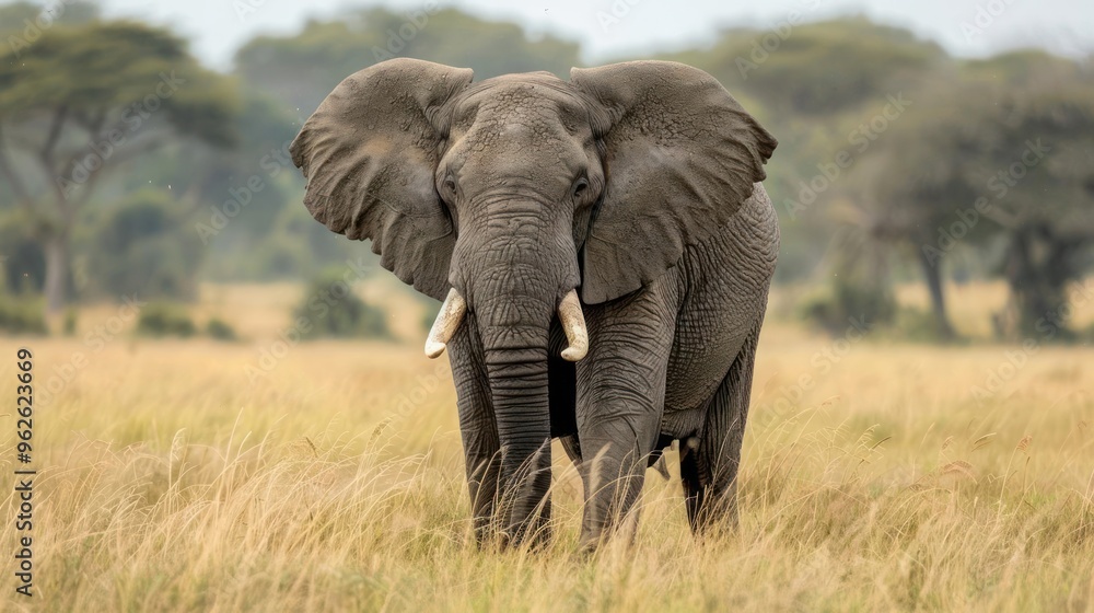 Fototapeta premium Two majestic African elephants walking through the savannah, surrounded by wild grass and trees.