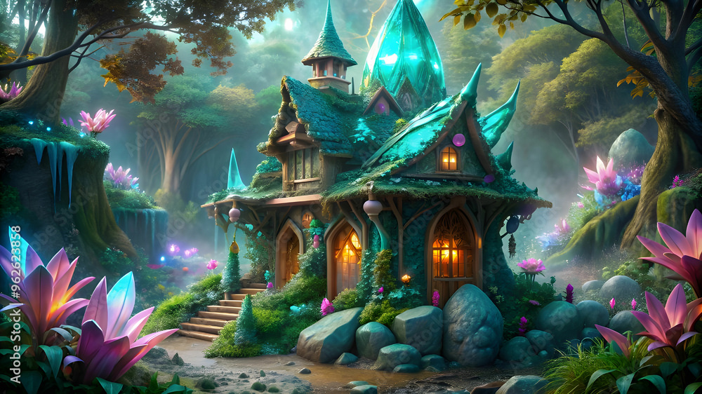 Fototapeta premium A magical fairy house nestled in a mystical forest, with vibrant flowers and sparkling streams.