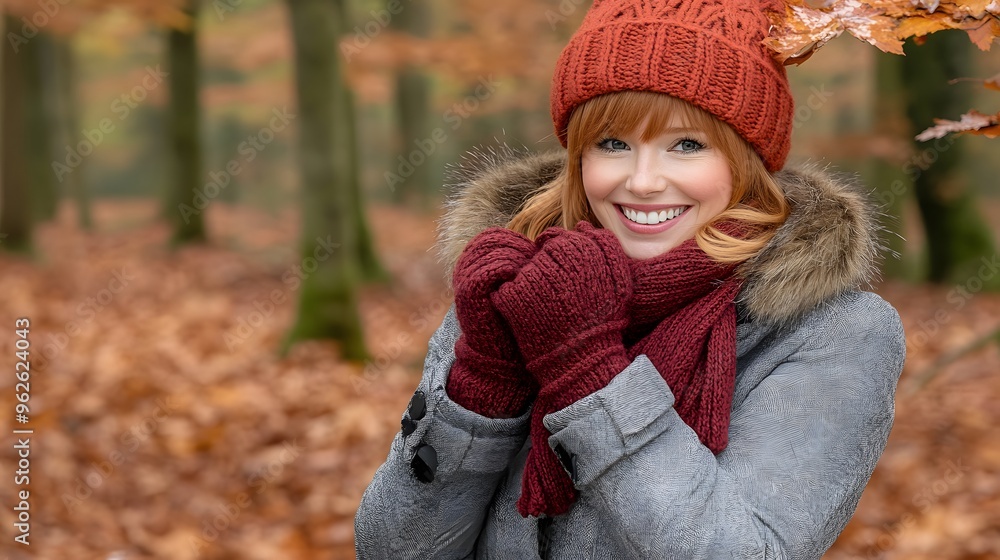Smiling Woman in Red Knitted Hat and Gloves Autumn Forest Smiling Woman in Red Knitted Hat and Gloves Autumn Forest