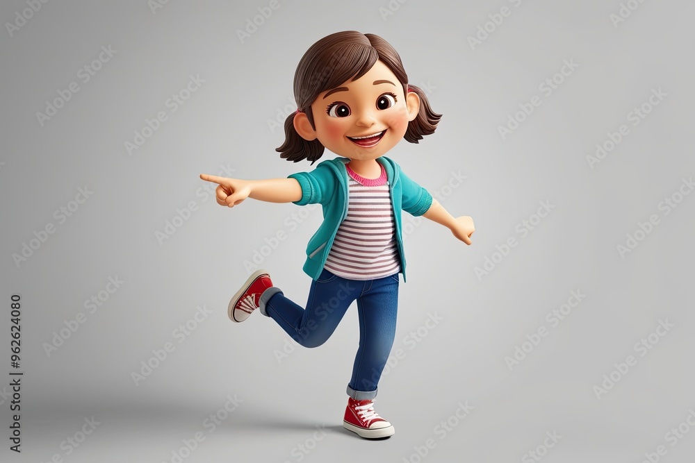 Φωτογραφία Vibrant 3D Illustration of Joyful Girl in Casual Outfit Playfully Pointing Ahead