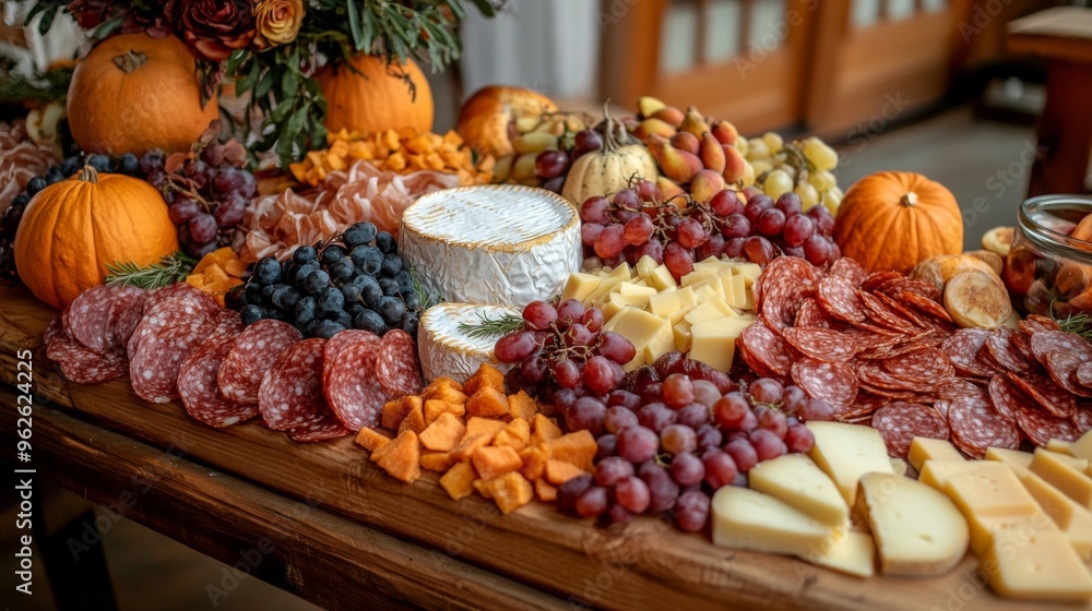 A Rustic Autumnal Cheese and Charcuterie Board with Grapes and Pumpkins A Rustic Autumnal Cheese and Charcuterie Board with Grapes and Pumpkins