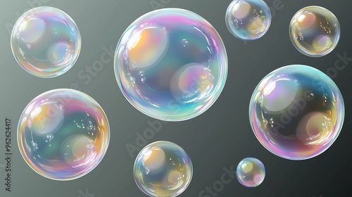 A set of realistic soap bubbles on a transparent background, each bubble showcasing intricate reflections and iridescent colors.