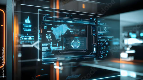 Futuristic Digital Interface Display with Blue Glowing Lines - 3D Illustration