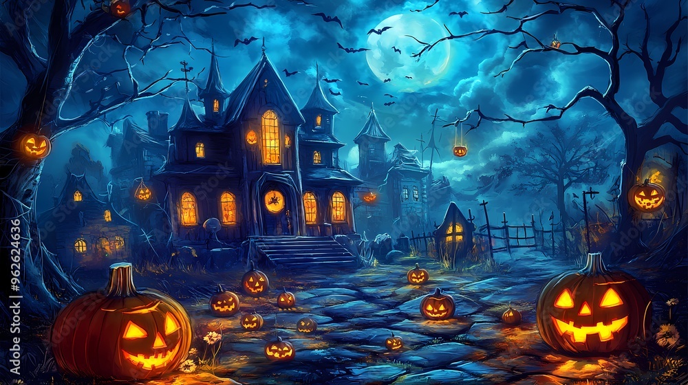 A spooky, dark, and mysterious Halloween scene with a haunted house, pumpkins, bats, and a full moon. A spooky, dark, and mysterious Halloween scene with a haunted house, pumpkins, bats, and a full moon.