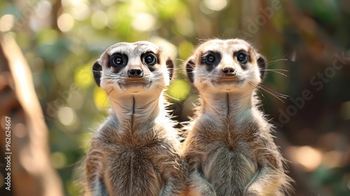 Two lemurs are standing close to each other, making eye contact with the camera.