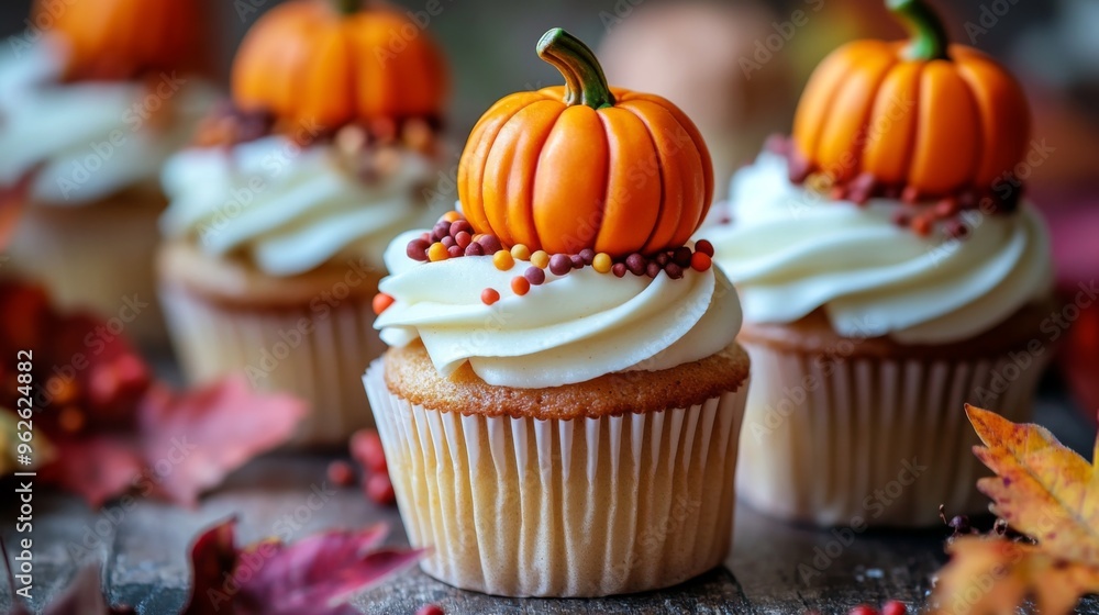 Pumpkin-Topped Cupcakes with Fall Decor Pumpkin-Topped Cupcakes with Fall Decor