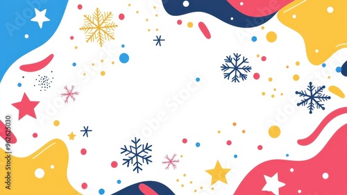 A colorful festive background featuring stars, snowflakes, and abstract shapes, perfect for holiday-themed designs.