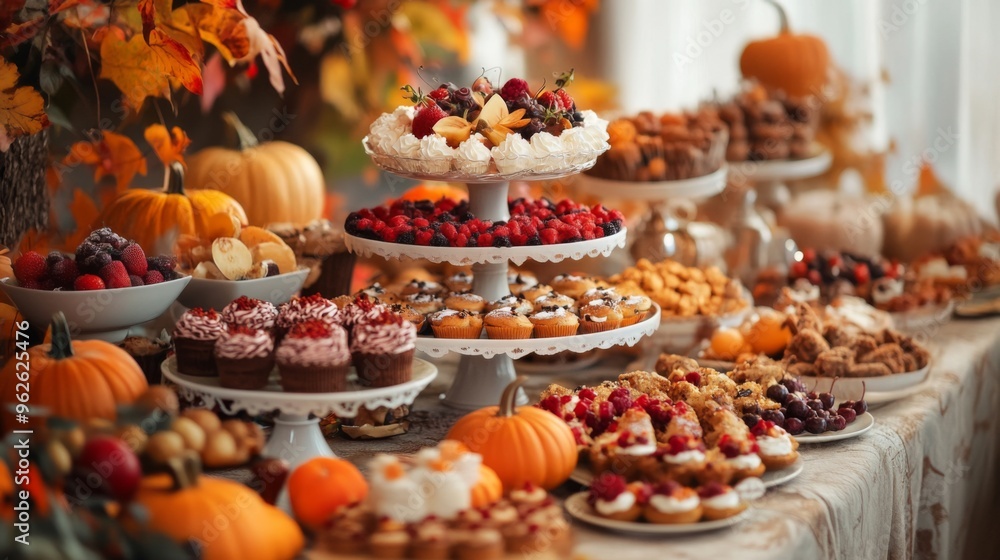 Autumnal Dessert Buffet with Pumpkins, Cupcakes, and Berries Autumnal Dessert Buffet with Pumpkins, Cupcakes, and Berries