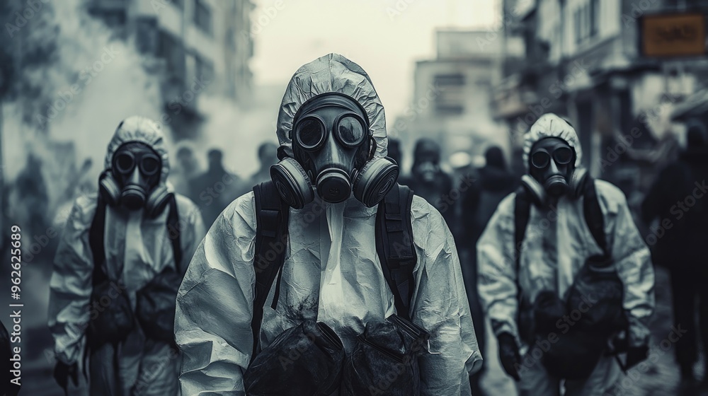 People in protective biohazard gear, gas masks on, navigating a dystopian environment, evoking themes of survival in a dangerous world People in protective biohazard gear, gas masks on, navigating a dystopian environment, evoking themes of survival in a dangerous world