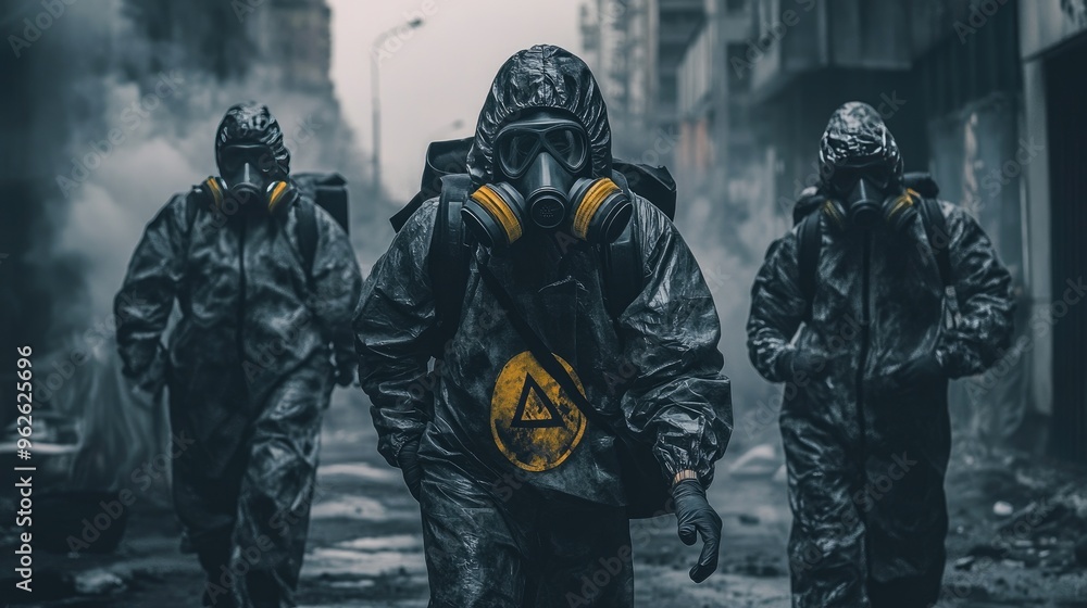People in protective biohazard gear, gas masks on, navigating a dystopian environment, evoking themes of survival in a dangerous world People in protective biohazard gear, gas masks on, navigating a dystopian environment, evoking themes of survival in a dangerous world