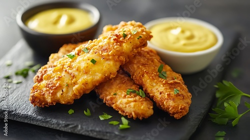 there are some fried fish sticks on a slate board with dipping sauce