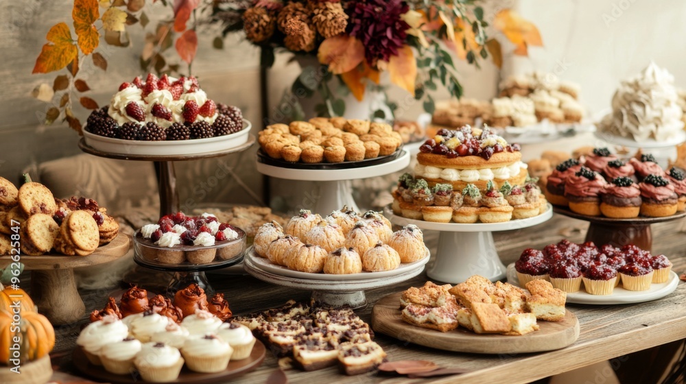 A Rustic Table Spread of Assorted Cakes, Cupcakes, and Pastries A Rustic Table Spread of Assorted Cakes, Cupcakes, and Pastries