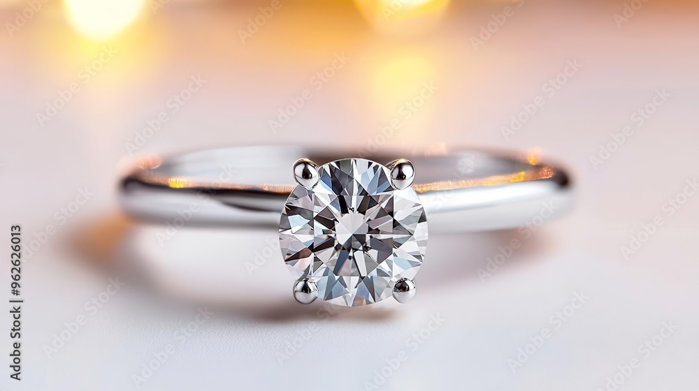 Minimalist still life of a diamond ring on a pristine white surface, highlighted by delicate light and shadow play Minimalist still life of a diamond ring on a pristine white surface, highlighted by delicate light and shadow play