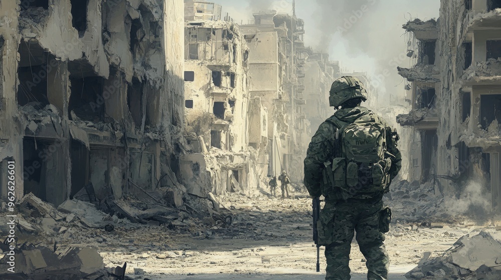 Soldier standing in the destroyed streets of a war-torn city, surrounded by crumbling buildings and the aftermath of devastation Soldier standing in the destroyed streets of a war-torn city, surrounded by crumbling buildings and the aftermath of devastation