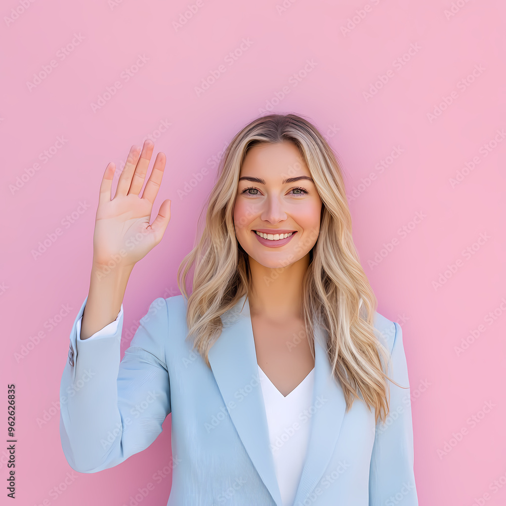 Happy blonde woman in blue blazer smiles against pink background Happy blonde woman in blue blazer smiles against pink background