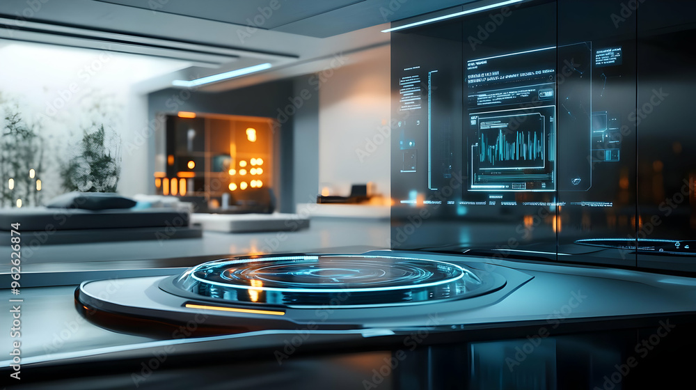 Futuristic Interior Design with Illuminated Glass Platform and Digital Displays - 3D Illustration Futuristic Interior Design with Illuminated Glass Platform and Digital Displays - 3D Illustration