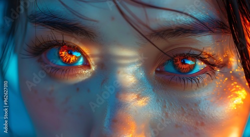 there is a close up of a womans eyes with glowing eyes photo