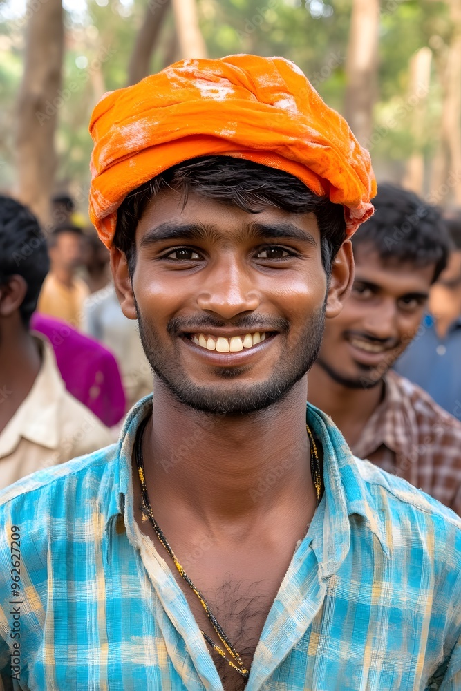 Smiling Indian Man Wearing Orange Turban and Plaid Shirt Smiling Indian Man Wearing Orange Turban and Plaid Shirt