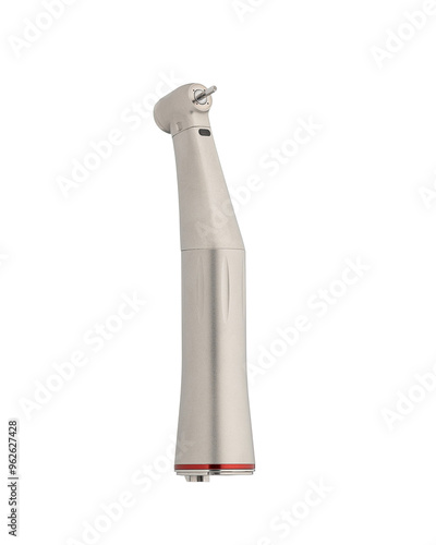 Angled micromotor increasing dental handpiece with spray. Dental instrument. Equipment for oral cavity treatment. Medical inventory. Side view. Isolate on white background. Copy space. photo