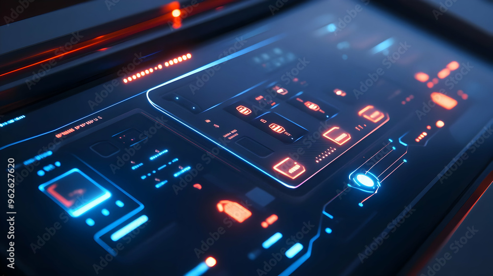 Futuristic 3D Interface with Glowing Buttons Futuristic 3D Interface with Glowing Buttons