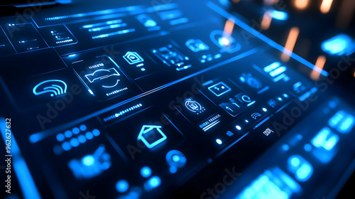 Futuristic 3D Digital Interface Illustration - Blue Glowing Icons