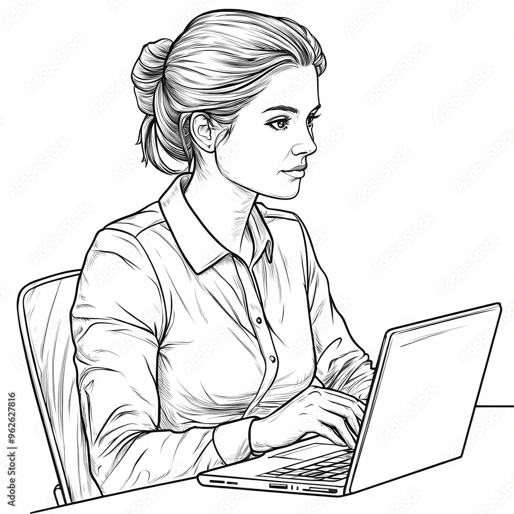 Thoughtful office worker reflecting at her desk with laptop Thoughtful office worker reflecting at her desk with laptop