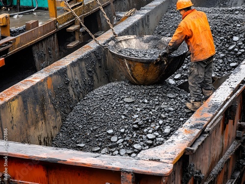 Worker Loading Asphalt Gravel into Hopper photo