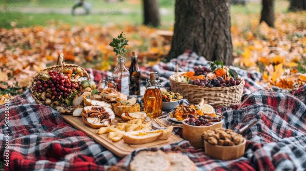 Autumn Picnic Spread with Baked Potatoes, Fruit, and Bread Autumn Picnic Spread with Baked Potatoes, Fruit, and Bread