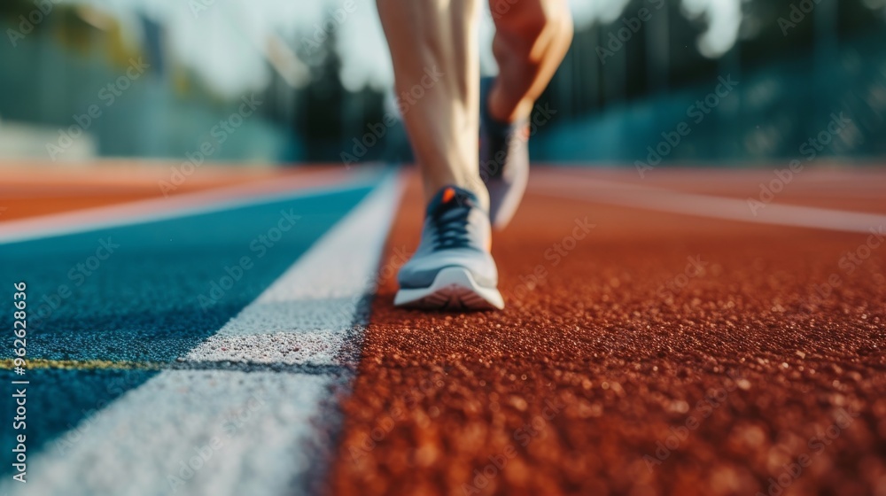 Close-up of an athlete's legs running on a track at sunset. The image captures the determination and focus required in sports, with the vibrant colors of the track and the setting sun adding a