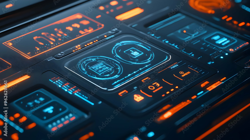 Futuristic Tech Interface Design with Orange and Blue Lights 3d Illustration Futuristic Tech Interface Design with Orange and Blue Lights 3d Illustration