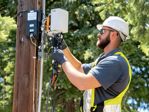 Technician Installing Network Equipment on a Utility Pole