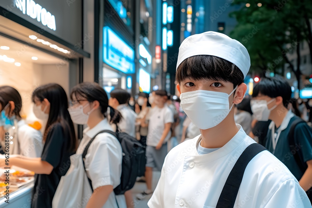 Young Man in White Chef Uniform Wearing Face Mask in Busy Street Young Man in White Chef Uniform Wearing Face Mask in Busy Street