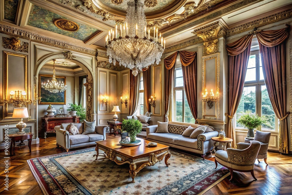 Fototapeta premium Elegant antique furnishings adorn a lavishly decorated, high-ceilinged living room, with intricate moldings, ornate chandeliers, and opulent fabrics evoking opulence and refinement of a bygone era.