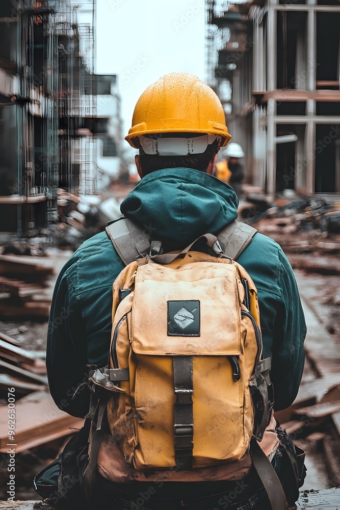 Construction Worker With Backpack And Hard Hat Construction Worker With Backpack And Hard Hat
